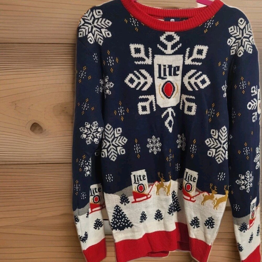 Miller Lite Ugly Christmas Sweater Size M‎ Mens Holiday Party Attire